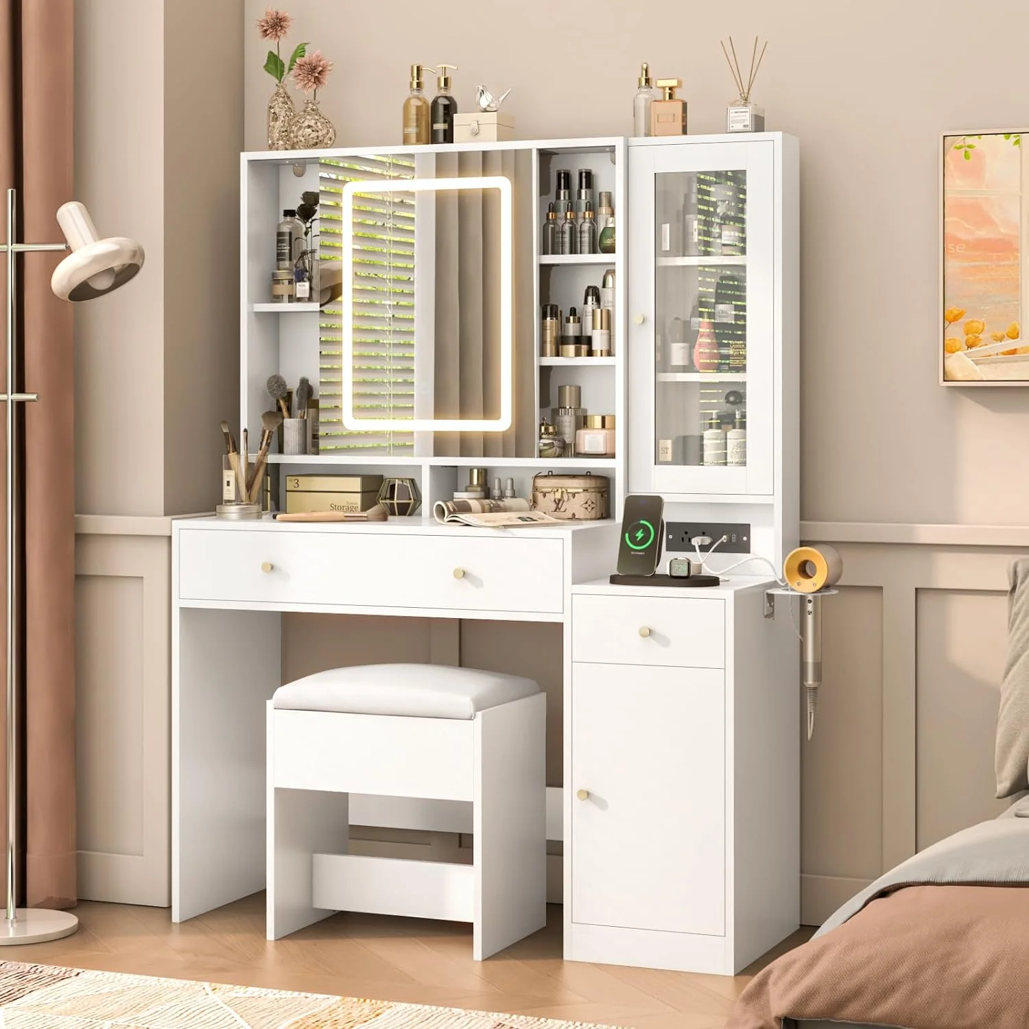 White Vanity Desk with Sliding Mirror & Lights, Vanity Table Makeup Desk with Charging Station 2 Drawers 2 Doors, Lots of Storage Shelves, Large Vanity Set with Cushioned Stool(White)