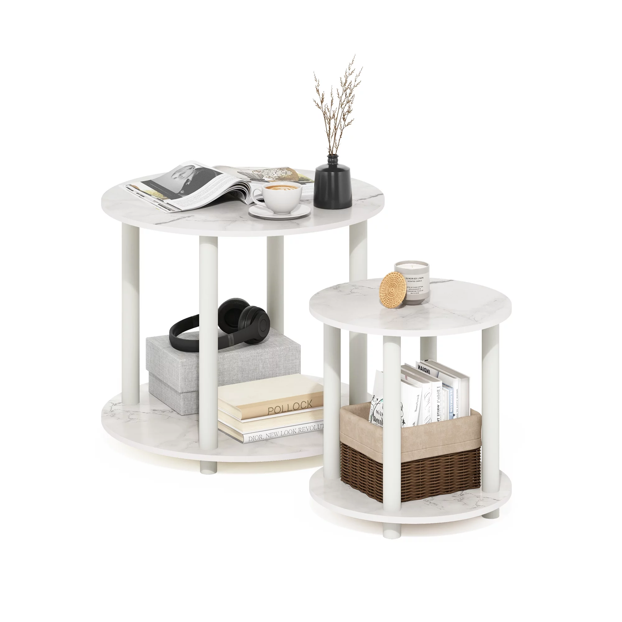 Furinno Turn-N-Tube 2-Tier Round Wooden End Table, Marble White