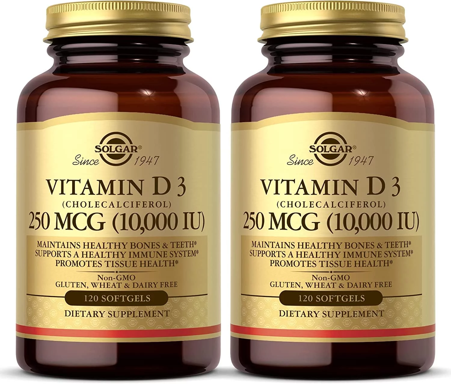 Solgar Vitamin D3 Cholecalciferol 250 MCG 10,000 IU - Helps Maintain Healthy Bones & Teeth - Immune System Support - Non-GMO, Gluten Free, Dairy Free - 120 Servings, 120 Count Pack of 2