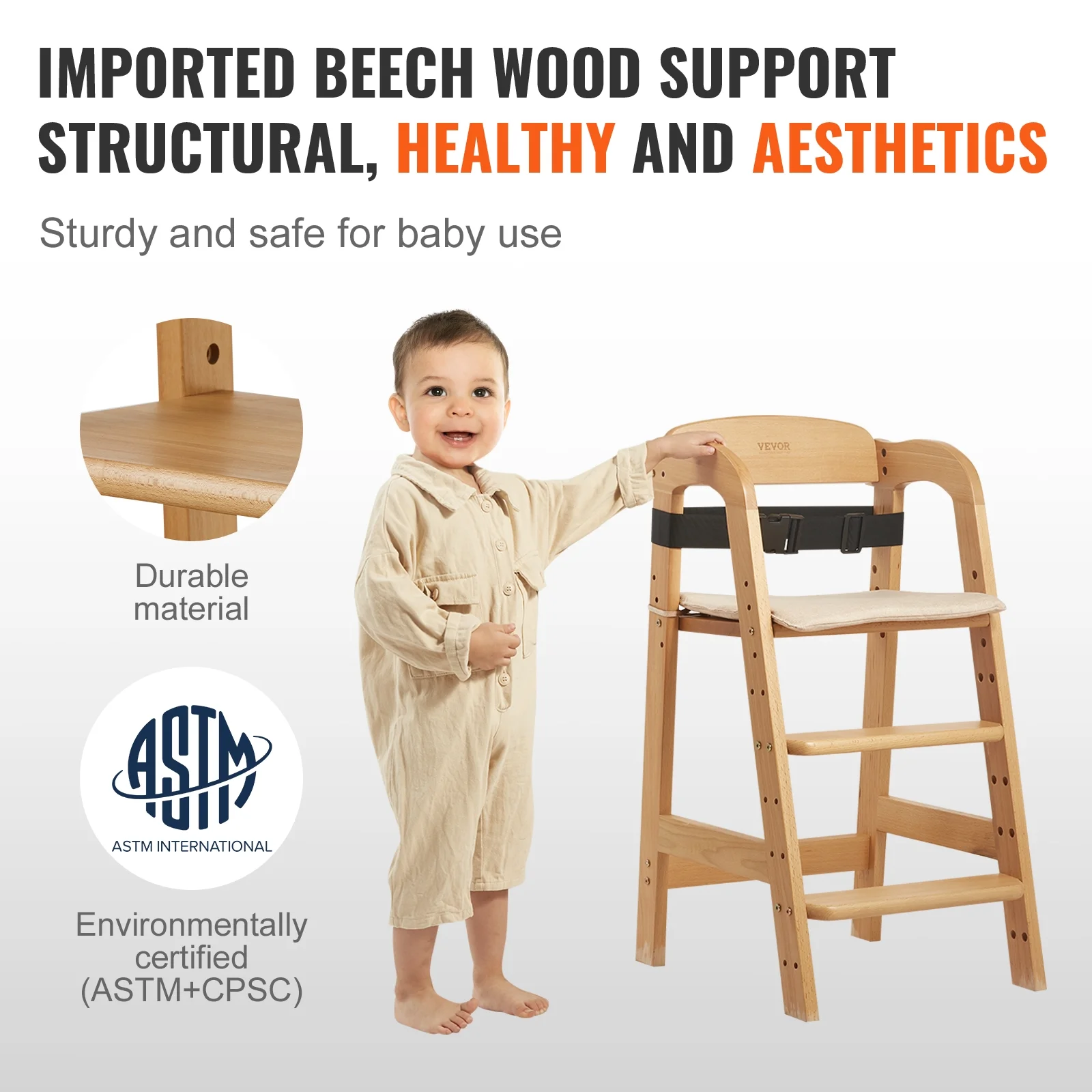 BENTISM Wooden Baby HighChair with Adjustable Legs, Solid Wooden Toddler Chair Baby Booster Seat 13'' Tall