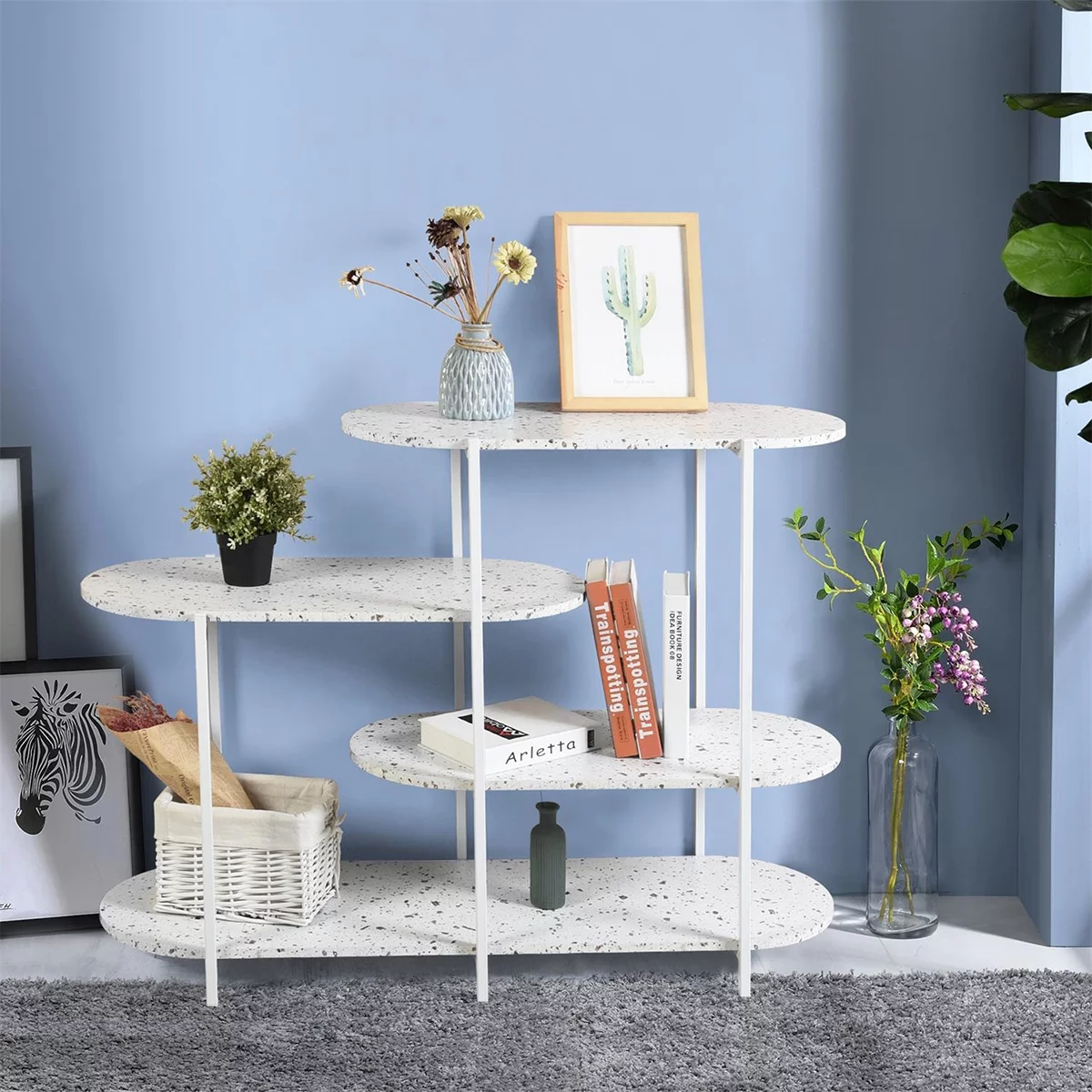 ikayaa 4-Tier Multi-Function Storage Shelf,Living Room Bookshelf, Small Kitchen Shelf,Marble White