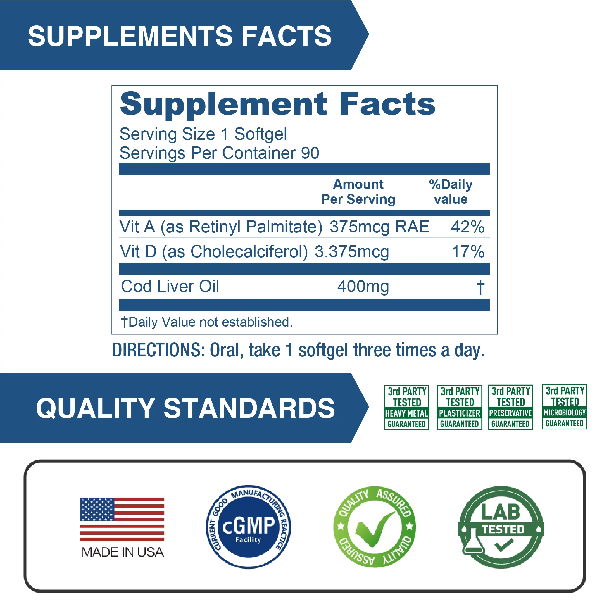 Lovita Cod Liver Oil 400 mg, Omega 3 with Vitamin A & Vitamin D3, Norwegian Cod Liver Oil, Rich in EPA and DHA, Heart & Brain Health, 90 Softgels (Pack of 3)