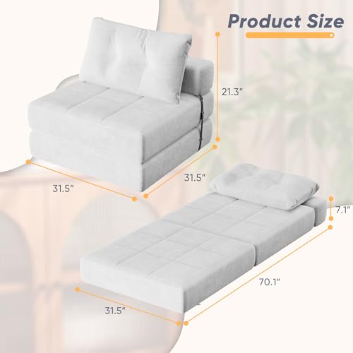 Homall Folding Sofa Bed, Convertible Sleeper Sofa Couch with Headrest & Lumbar Pillow, Chenille Fabric Chair Bed, Single Futon Mattress for Living Room, Apartment, Office (White)