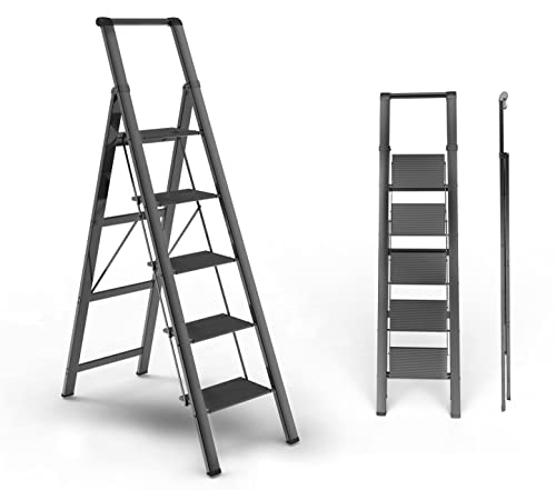 5 Step Ladder, Folding Step Stool, Lightweight Aluminum Foldable Ladder for 10 Foot High Ceiling with Anti-Slip Wide Sturdy Pedal and Handgrip, Multi-Use for Home (300 lbs Capacity) - Champagne Gold