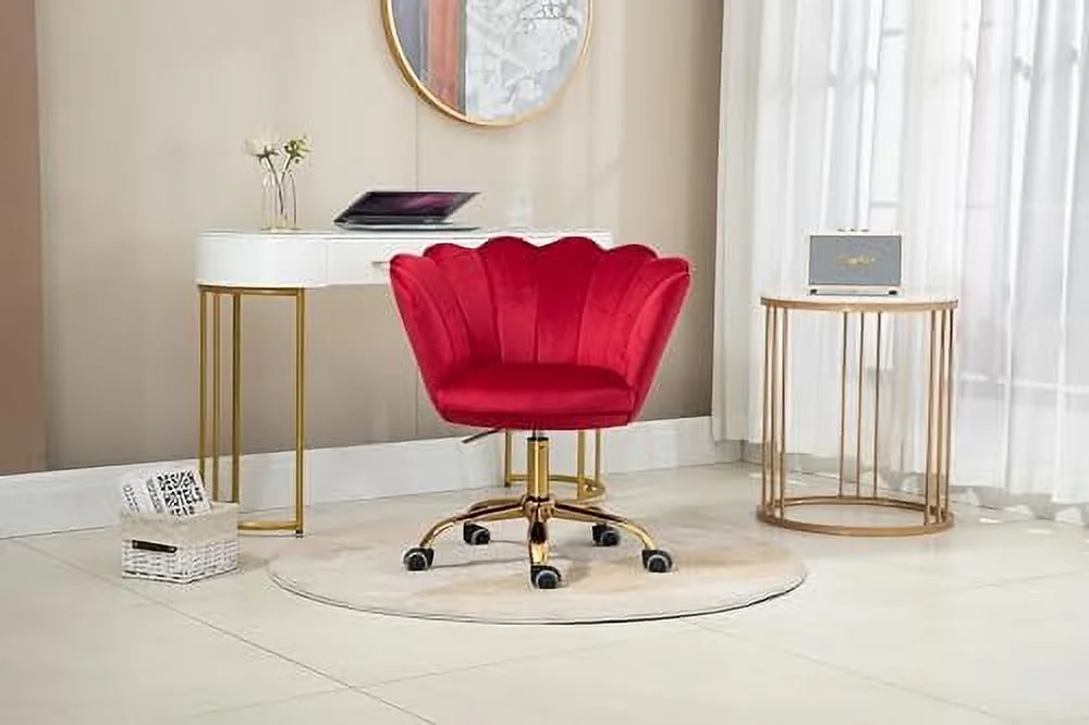 CCBIUOMBO Comfy Home Office Task Chair with Wheels  Cute Modern Upholstered Velvet Seashell Back Adjustable Swivel Vanity Desk Chair  for Women  for   for Girls  Living Room  Bedroom (Ros
