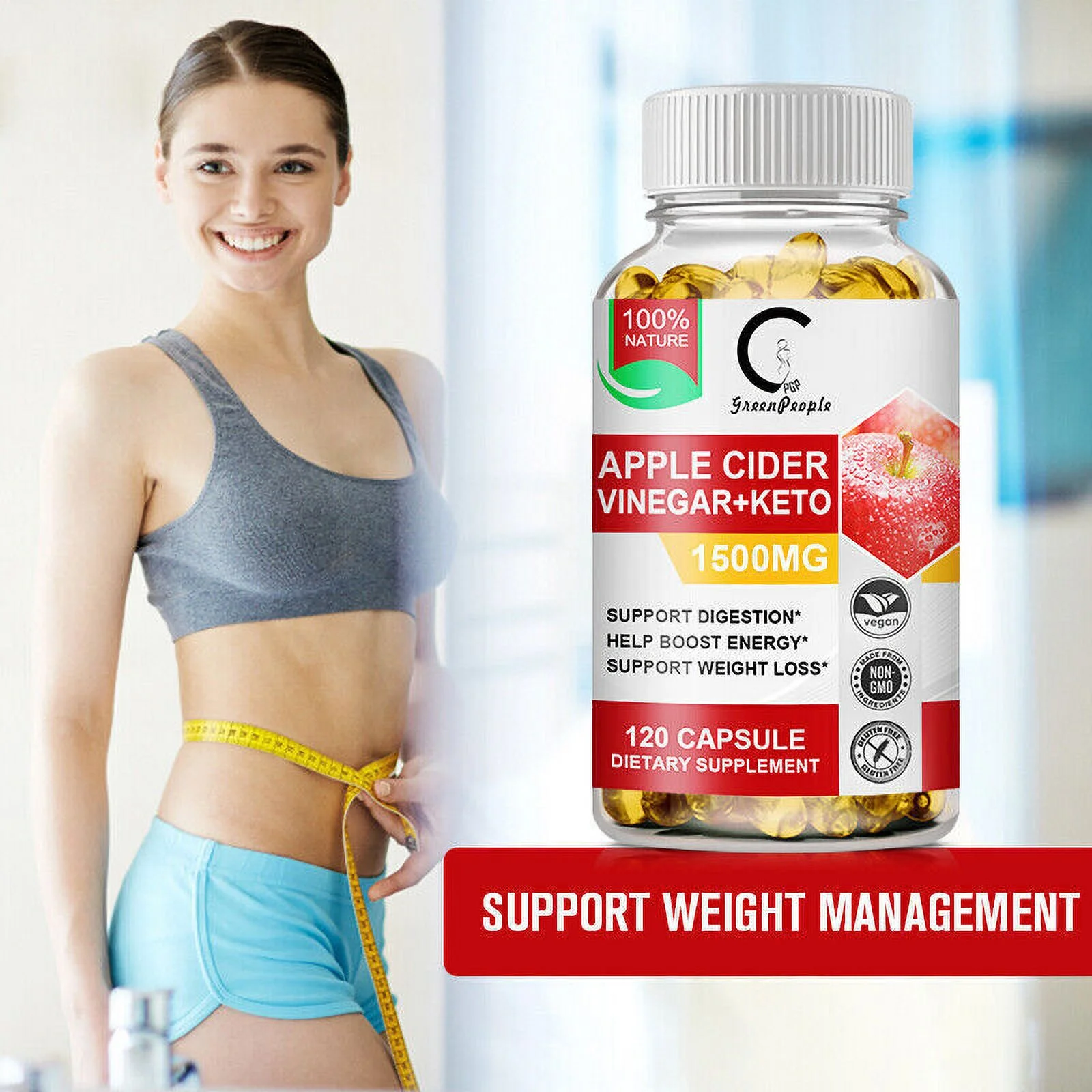 Green People Apple Cider Vinegar Plus Capsules 1500mg with Mother Weight Loss Fat Burner 60 Capsules