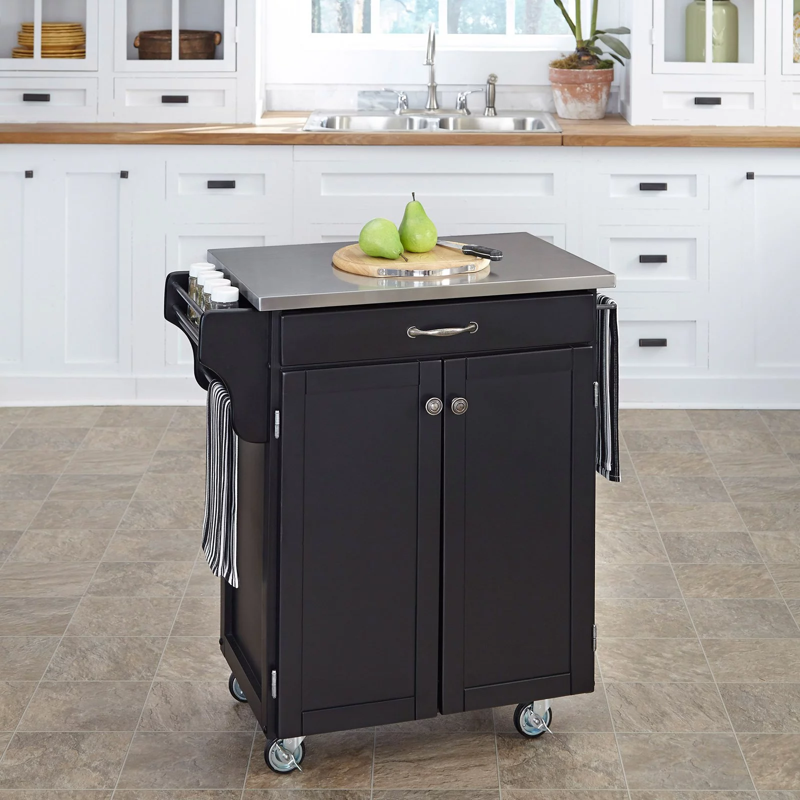 Homestyles Cuisine Cart Off White Wood Kitchen Cart-Finish:White,Option:Stainless Steel