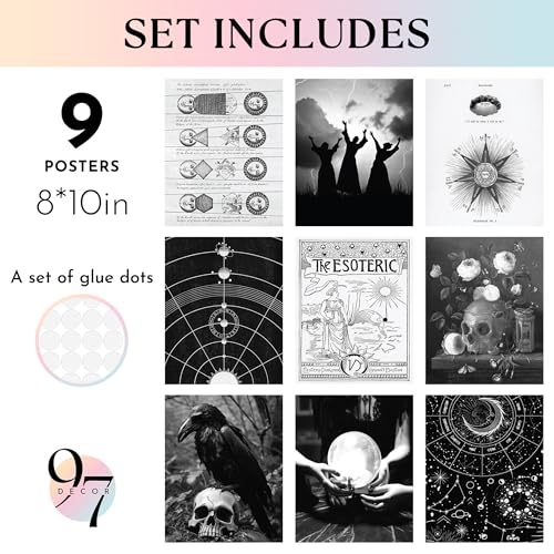 97 Decor FRAMED Gothic Wall Art - Dark Academia Decor For Bedroom, Gothic Posters For Room, Halloween Gothic Prints For Home, Goth Gallery Wall Frame Set Vintage Framed Wall Art (Black Frame)