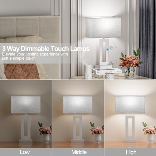 Bedroom Table Lamps Set of 2 - White Silver Touch Bedside Lamps with USB C+A, 3 Way Dimmable Gold Lamp for Nightstand, Modern Night Stands Lamps for Living Room End Tables