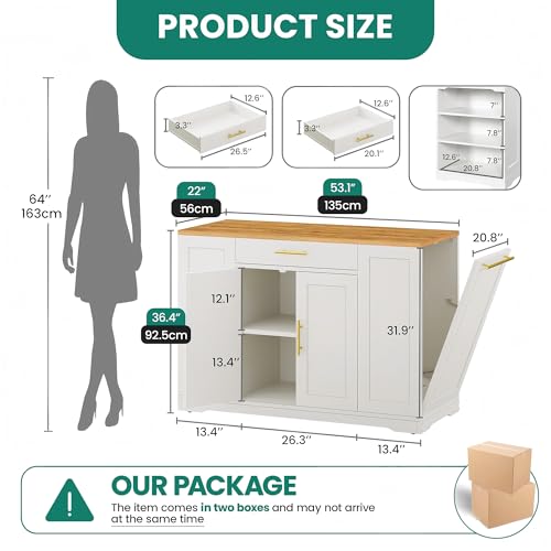 YITAHOME 53 inch Large Rolling Kitchen Island with Trash Can Storage Cabinet, Portable Mobile Islands Table Long Floating Movable w Wheels Cabinet for 13 Gallon Garbage Bin 2 Drawer, White Oak