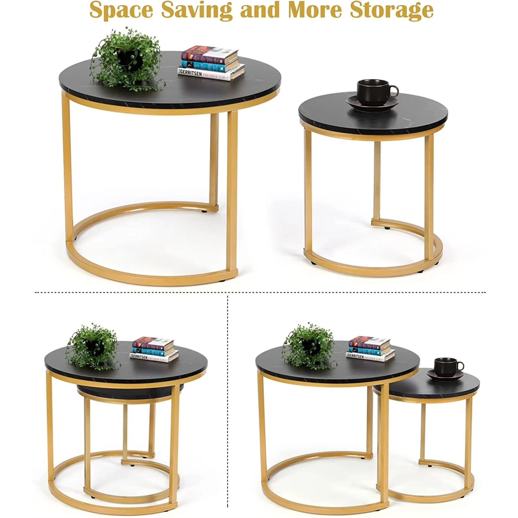 Modern Round Nesting Tables with Metal Frame (Set of 2) (White & Black)