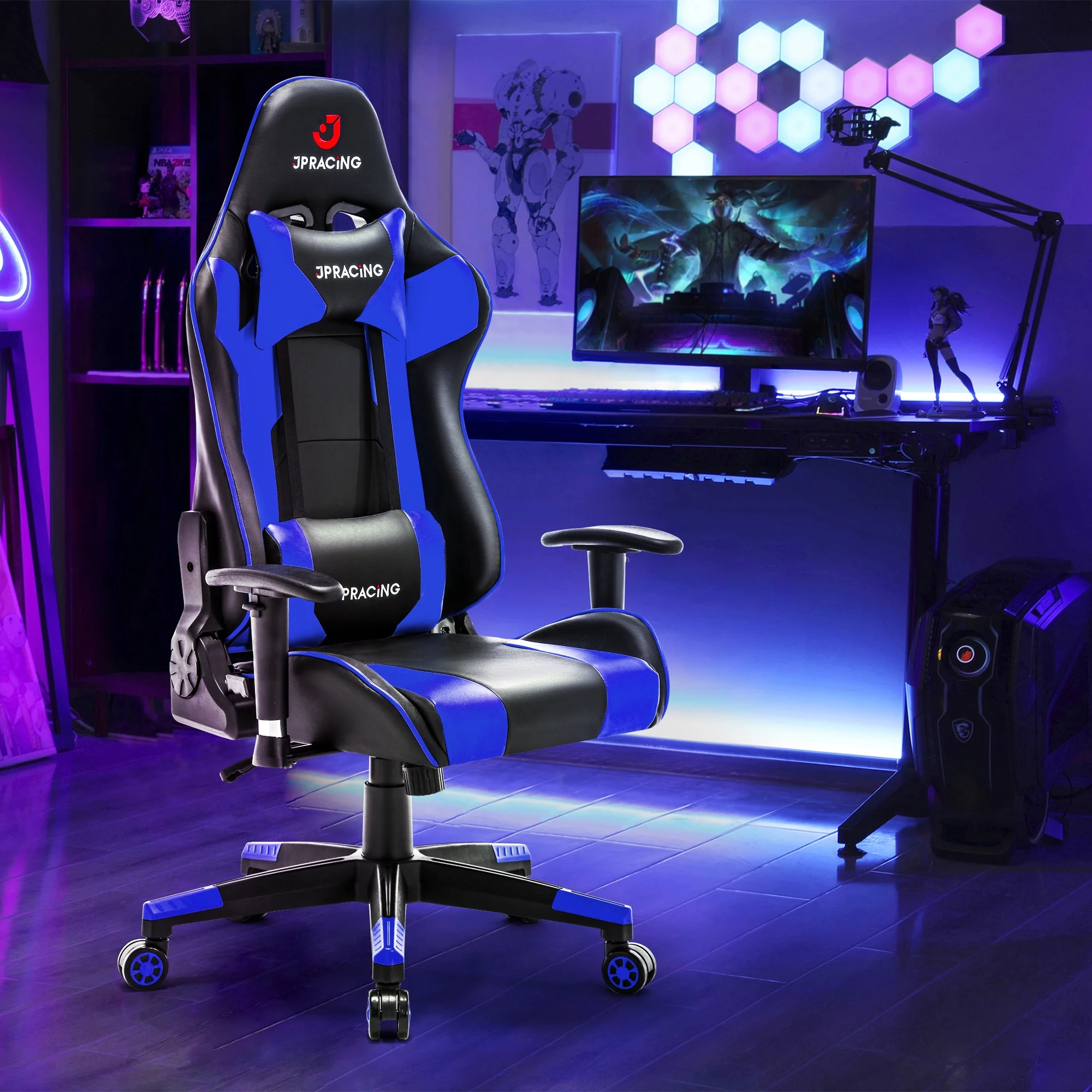 JONPONY Gaming Chair Office Chair PU Leather with Adjustable Headrest,Blue