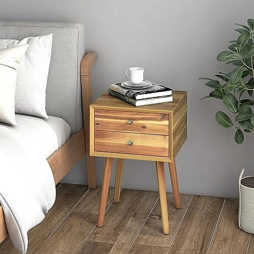 RUNFAYBIU Nightstand with 2 Drawers  Small Wooden   Mid Century Modern Bedside Table with   Compact End Table for Living Room  Bedroom  Easy Assembly  White