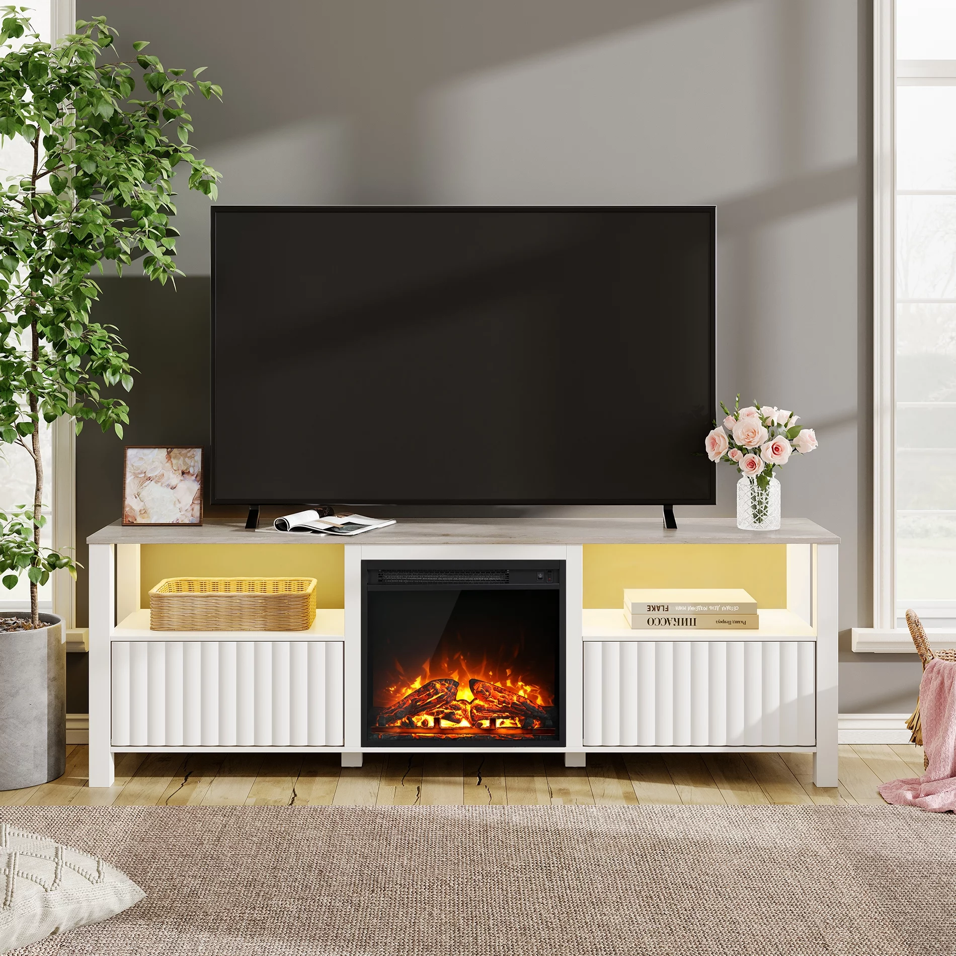 Fireplace TV Stand for TV's up to 75 Inch, LED Entertainment Center for 75 inch TV with Electric Fireplace for Living Room Bedroom, 70 inch, White