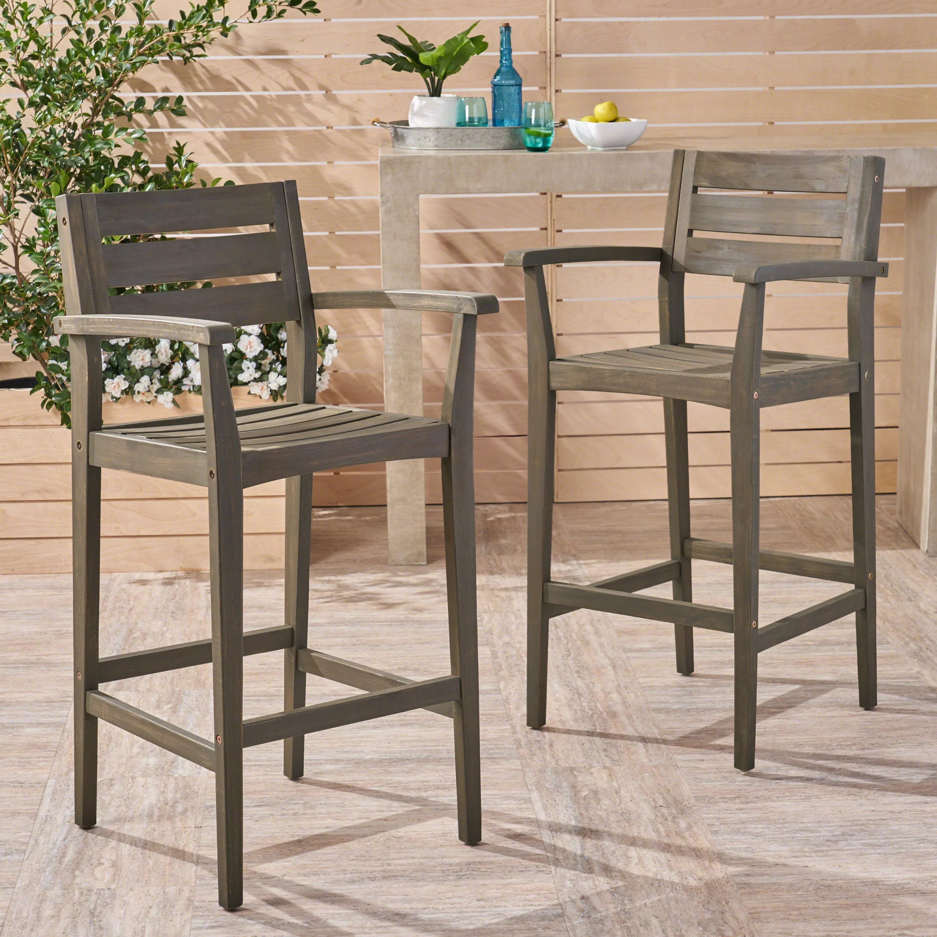 Jaxson Outdoor Rustic Acacia Wood Barstool (Set of 2), Gray