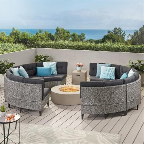 Christopher Knight Home Navagio Outdoor Wicker Full Round Sofa Set with Fire Table, 10-Pcs Set, Mixed Black / Dark Grey / Light Grey