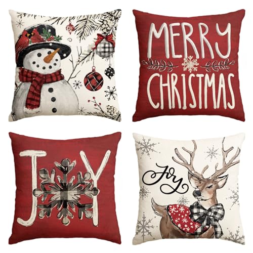 AVOIN colorlife Joy Christmas Let It Snow Snowman Reindeer Throw Pillow Covers, 18 x 18 Inch Xmas Snowflake Winter Holiday Cushion Case Decoration for Sofa Couch Set of 4
