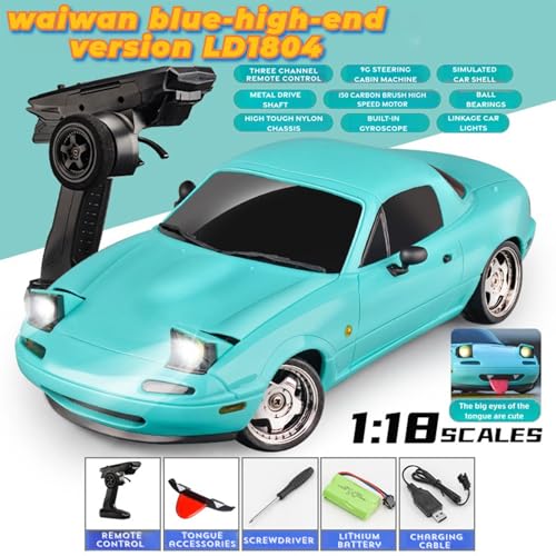 LD1899 1/18 RC Drift Car GTR R34 2.4GHz RWD with Gyroscope on-Road Alloy Body Shell Racing Cars Radio Control (Blue)