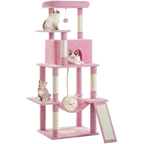 Cat Tree Tower 63in Multi-Level Cat Tower for Indoor Cats with Sisal Scratching Posts, Condo, Hammock, Dangling Ball and Extended Platform for Cats to Play, Dark Grey