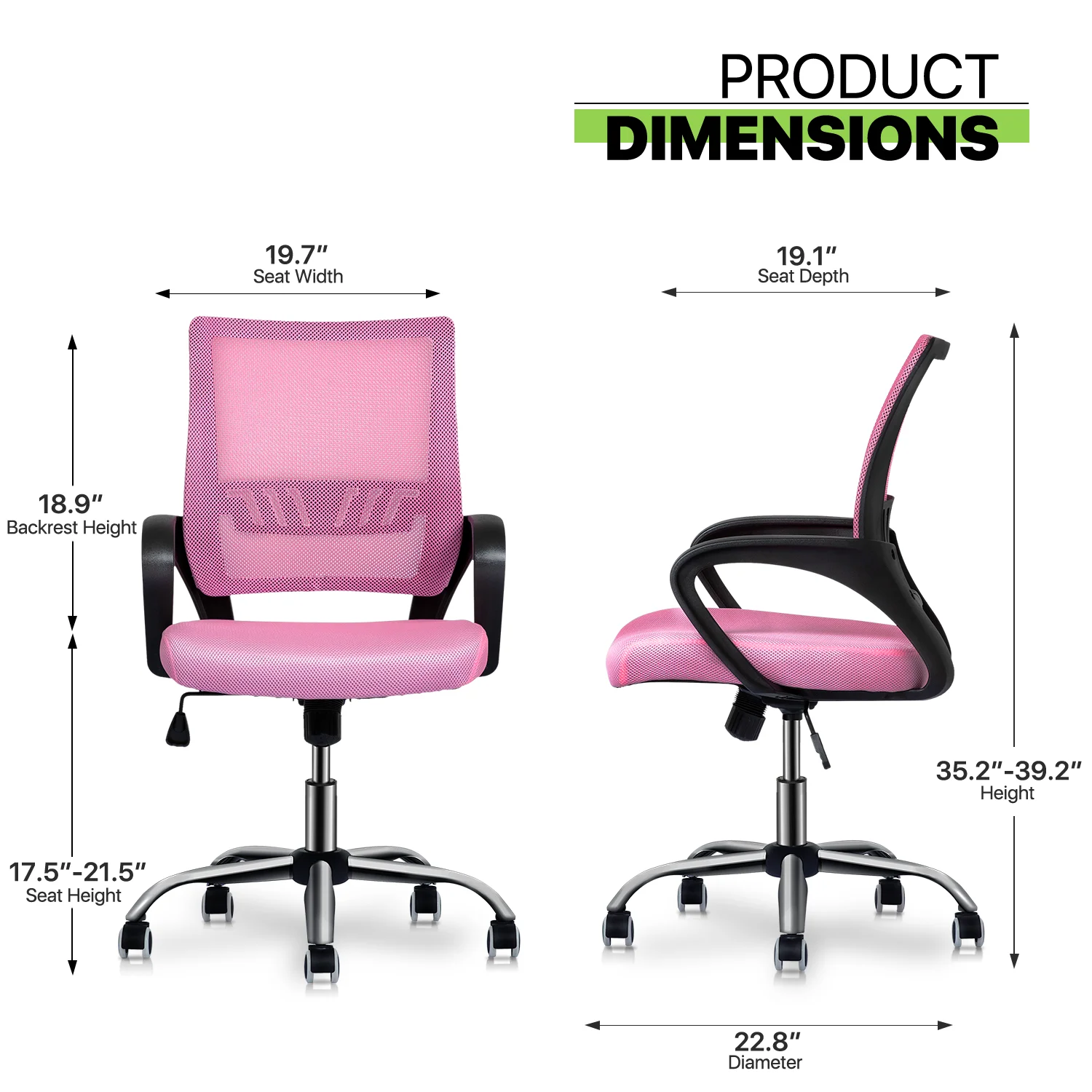 Magshion Adjustable Mid Back Computer Office Chair Mesh Swivel Desk Seat with Armrests, Pink