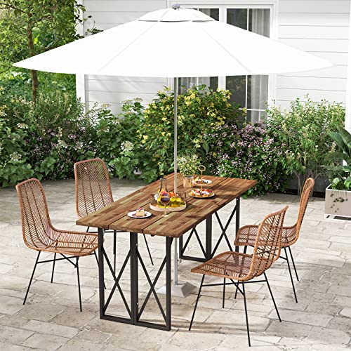 Tangkula 67 Inch Outdoor Dining Table, Acacia Wood Patio Table with 2 Inch Umbrella Hole, Heavy-Duty Metal Frame, Indoor Outdoor Picnic Table for 6