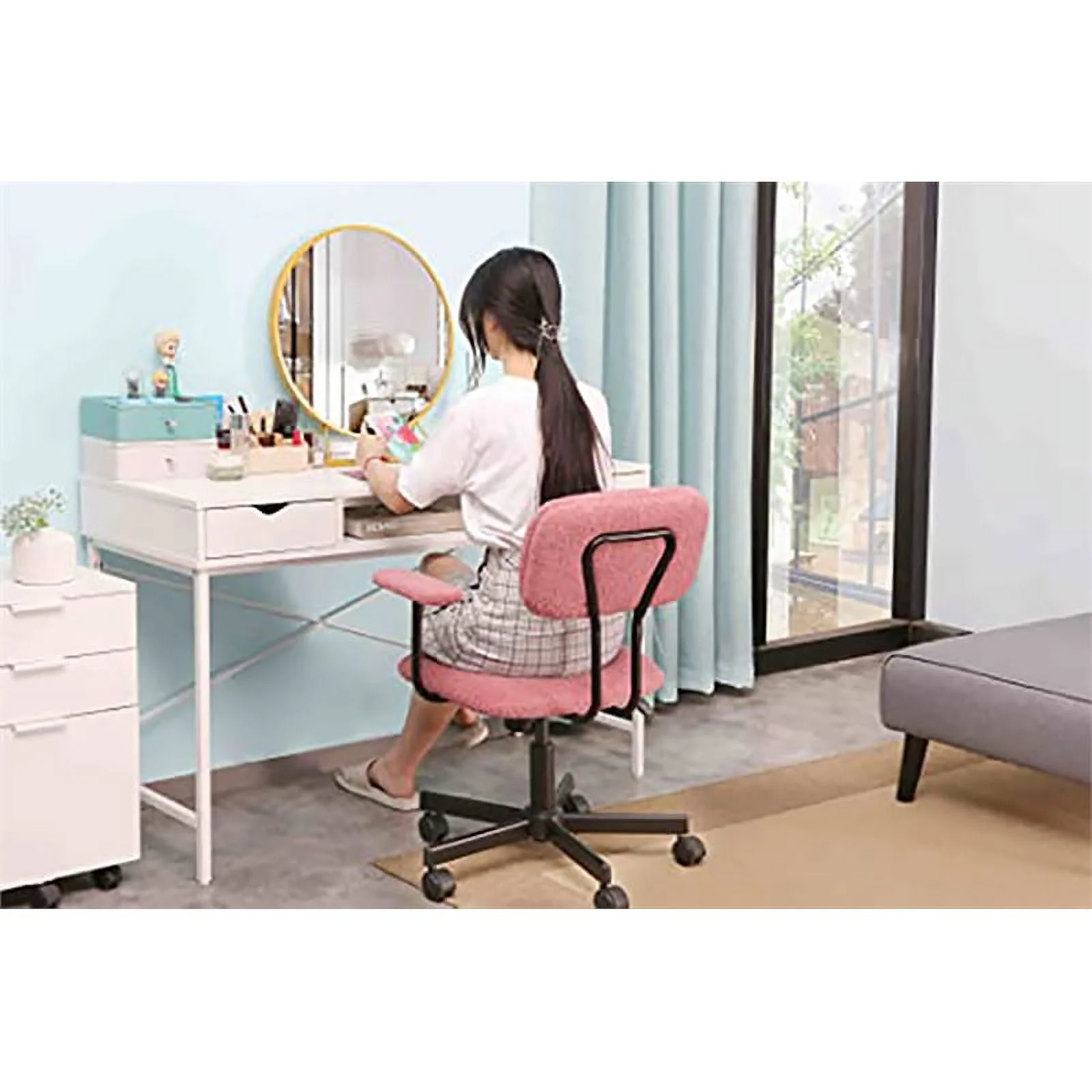 JJS Low Back Velvet Fabric Home Office Computer Chair with Armrest in Pink