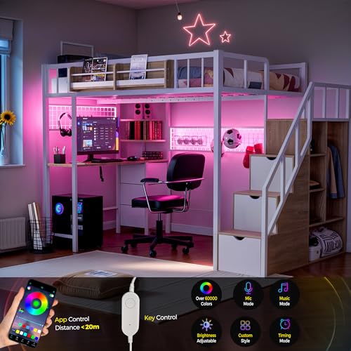 Full Size Loft Bed with Desk and Stairs, Headboard, Wardrobe, Bedside Storage Shelf, 6 Drawers, Charging Station & LED Light, Metal Gaming Loft Bed Frame for Adult Space-Saving