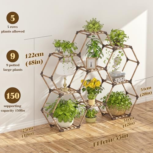 Tikea Plant Stand Indoor Hexagonal Plant Stand for Multiple Plants Indoor Outdoor Large Wooden Plant Shelf Creative DIY 6 Tiered Flowers Stand Rack for Living Room Balcony Patio Window