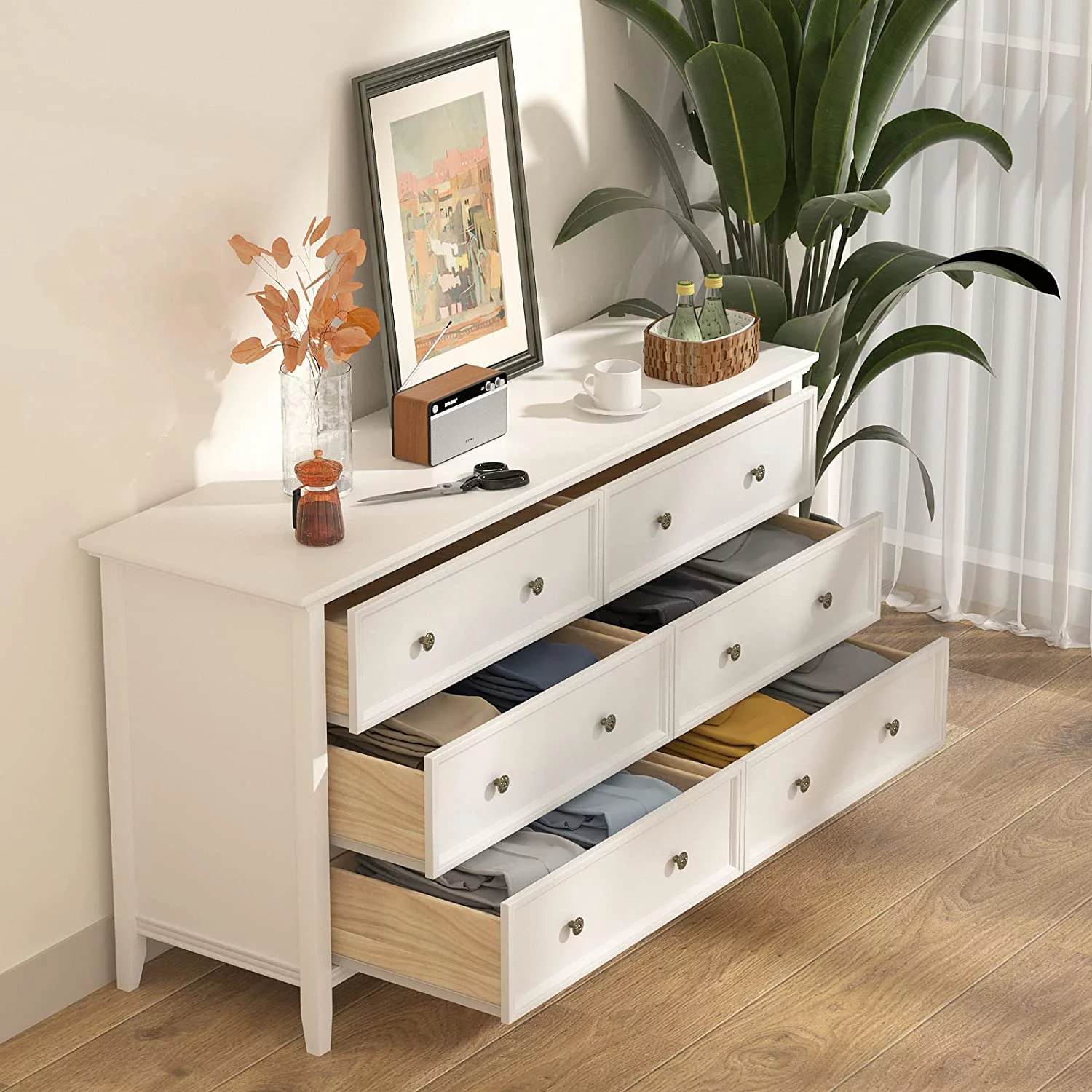 6 Drawer Double Dresser  55 inch Solid Wood Bedroom Dresser in White