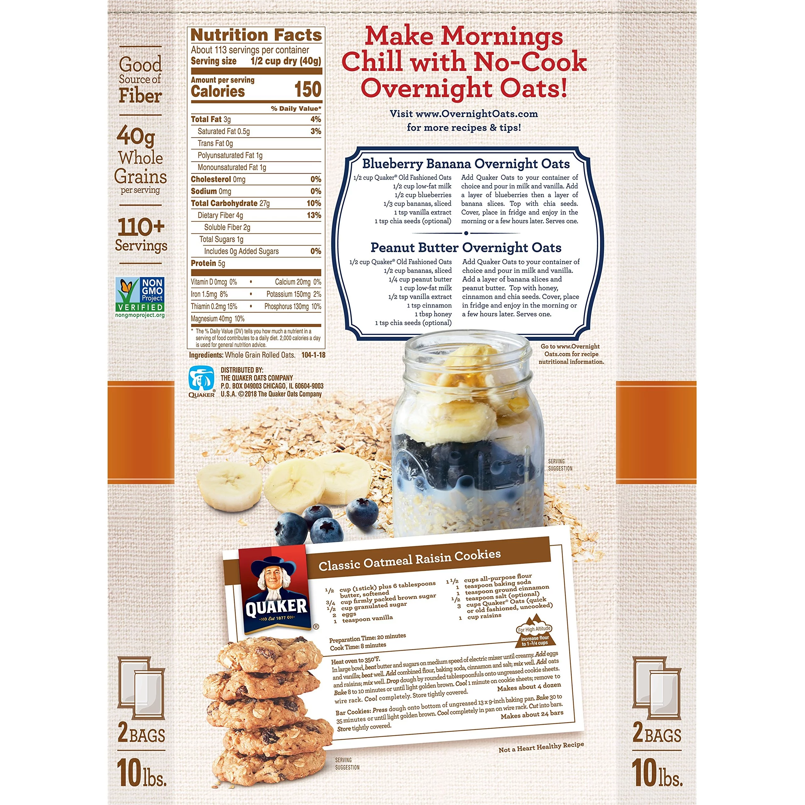 Quaker Oats, Old Fashioned, 2 5 Lb. Bags, 100+ Servings 10-Lb