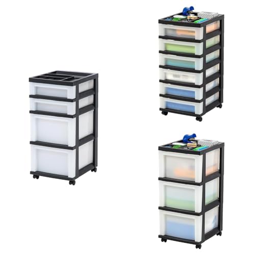 IRIS USA Plastic Drawer Storage Organizer Rolling Cart, with Wheels Casters, 4-Drawers, for Classroom Art Craft Supplies Dresser Closet Bathroom Laundry Room, Black/Pearl