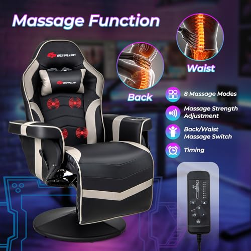 POWERSTONE Gaming Recliner Massage Gaming Chair with Footrest Ergonomic PU Leather Single Sofa with Cup Holder Headrest and Side Pouch, Adjustable Living Room Chair Seating, Black