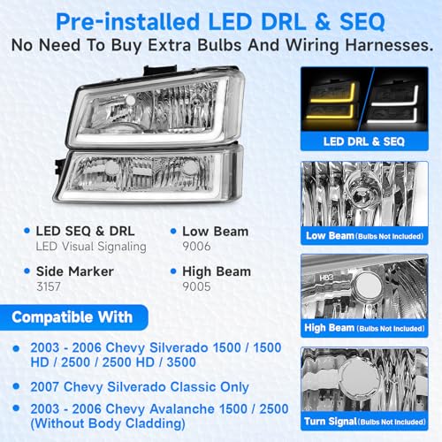 ELH No-Fogging Headlight Assembly W/LED DRL Sequential Turn Light Compatible With 03 04 05 06 Chevy Silverado Avalanche 1500 2500 3500/07 Classic Chrome Housing Clear Reflector