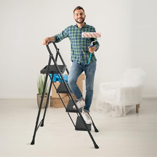 3 Step Ladder, Protable Steel Folding Stool with Wide Anti-Slip Pedal, 500lbs Sturdy Steel Ladder, Black
