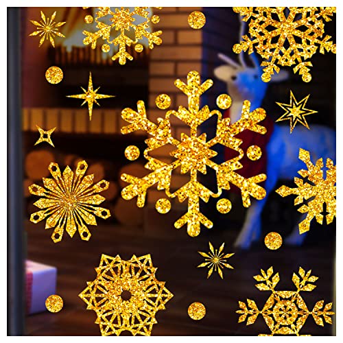 Cerlaza Golden Glitter Snowflake Winter Window Clings Window Decorations, Removable Golden Snowflake Christmas Windows Decals, Party Decorations Snowflakes Stickers Outdoor Decorations-9 Sheets