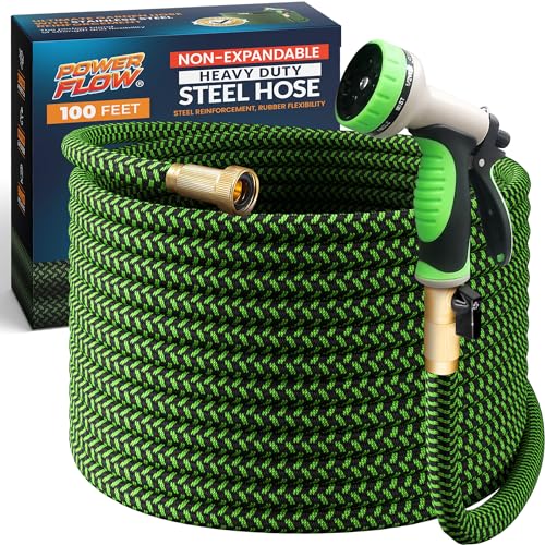 PowerFlow Garden Hose, NON-EXPANDABLE 25 Feet Premium Quality Stainless Steel Metal Water Hose with Durable Fabric Skin, Hose For Commercial, Residential Use, Bonus 10-way Spray Nozzle (25 Ft, Black)