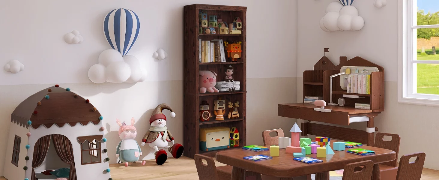 ENSTVER Wooden 5-Shelf Bookcase with Adjustable Shelves, Cherry