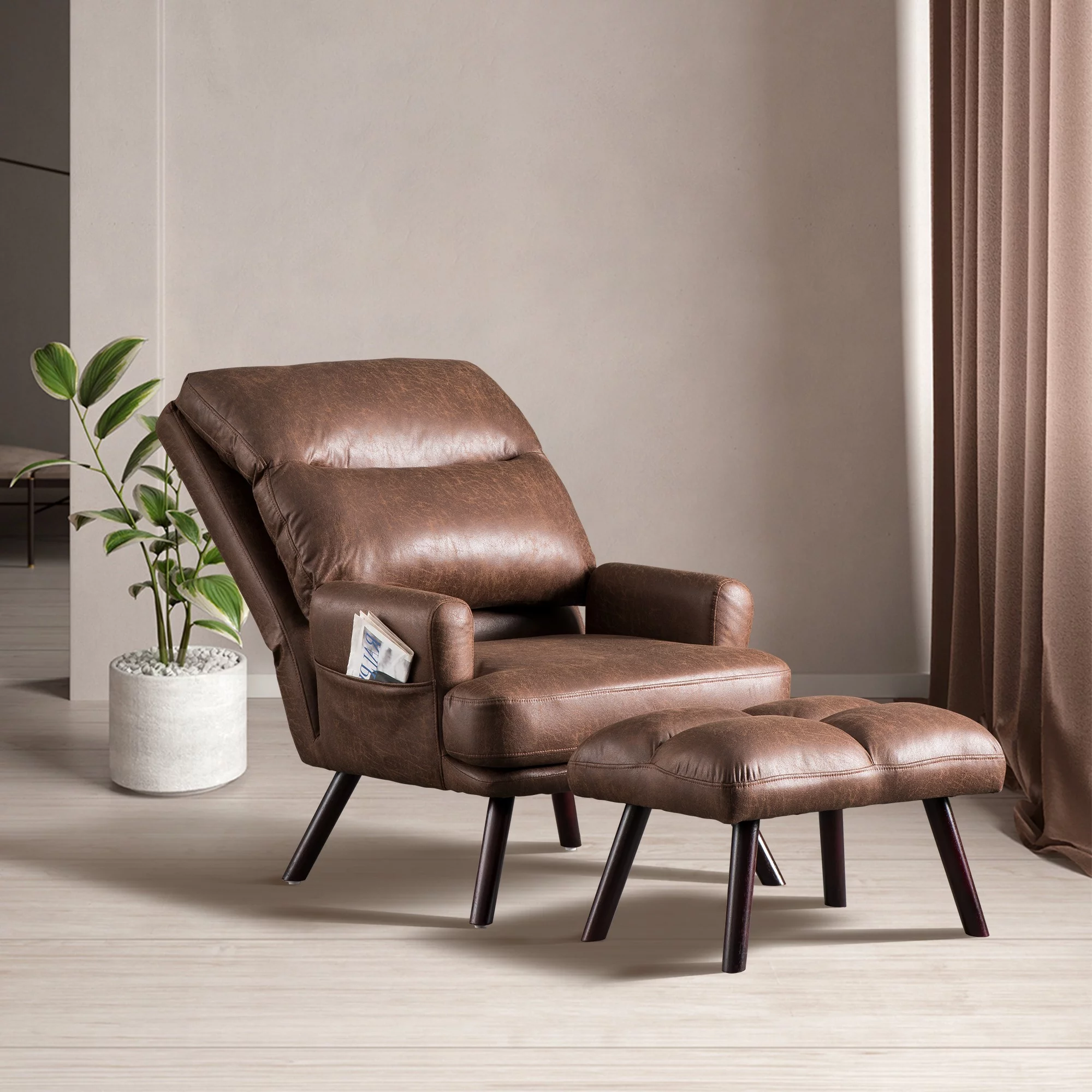 Ovios Living Room Chair with Ottoman Modern Accent Chair with Adjustable Backrest and a Side Pocket