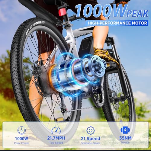 Electric Bike for Adults, 26'' 1000W Peak Ebike, Up to 50 Miles 21.7MPH Electric Mountain Bike with 48V 374.4WH Removable Battery, Adjustable Stem, Fenders, Lockable Suspension Fork, 21-Speed