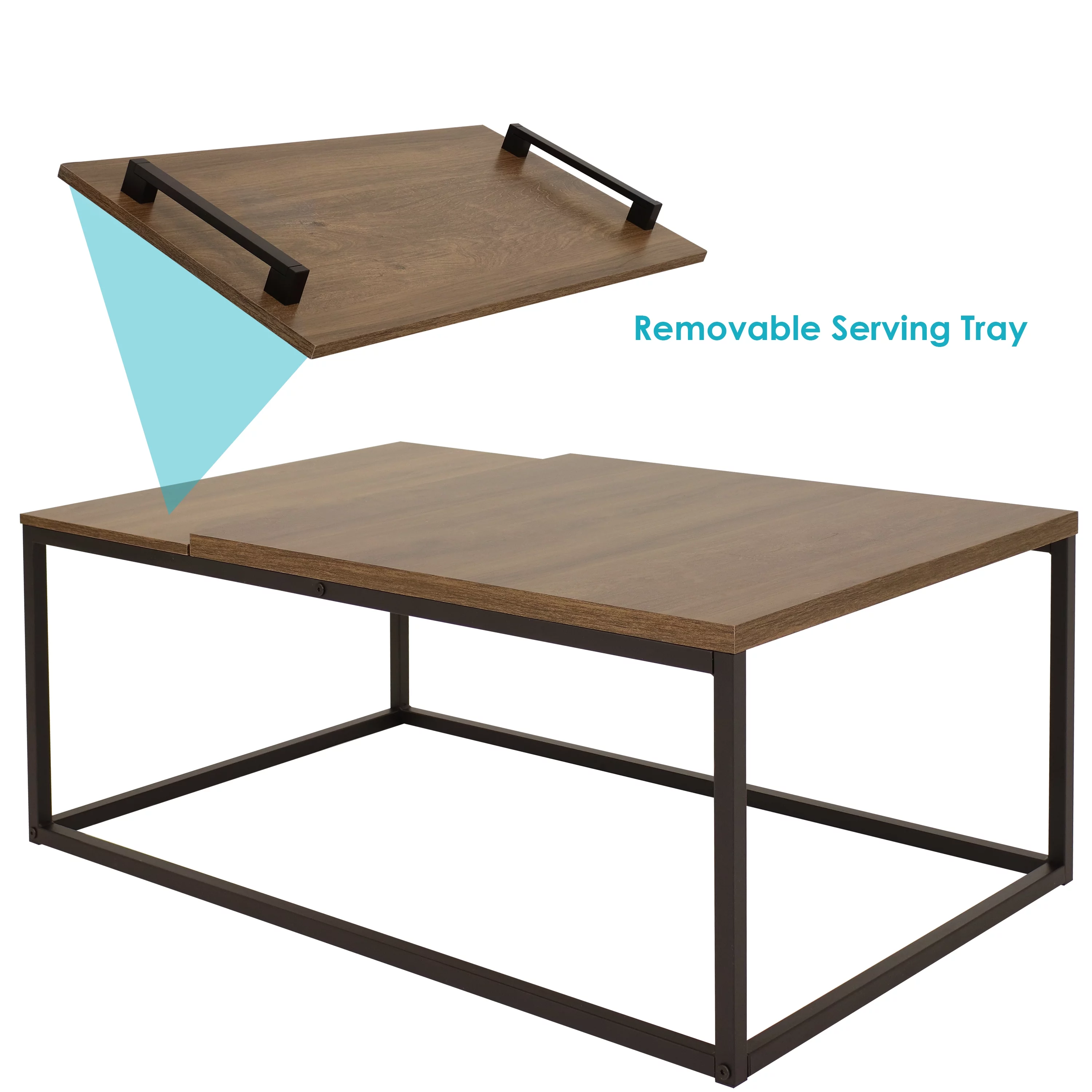 Sunnydaze Industrial-Style Coffee Table with Removable Serving Tray - MDP Construction with Powder-Coated Steel Frame - Brown