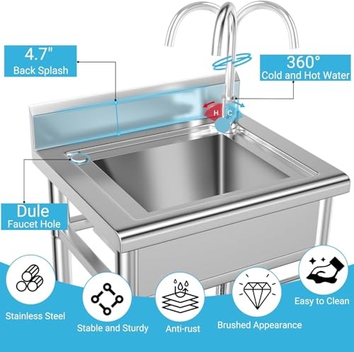 26 Inch Utility Sink, 304 Stainless Steel Sink Free Standing Sink with Cold and Hot Water Pull-out Faucet, Heavy Duty Laundry Sinks for Workshop, Laundry Room, Garage, Greenhouse, Pet Care 26x20 In