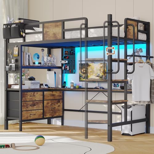 Loft Bed Twin Size with L-Shaped Desk,Twin Loft Bed with 5 Storage Drawers, LED Lights & Charging Station,Removable Ladder, Safety Guardrail,No Box Spring Needed,Rustic Brown