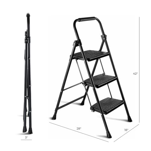 Step Ladder 3 Step Folding Step Stool Step Ladder with Wide Anti-Slip Pedal Step Stool Foldable for Adults Lightweight, Portable Steel Use for Home and Office