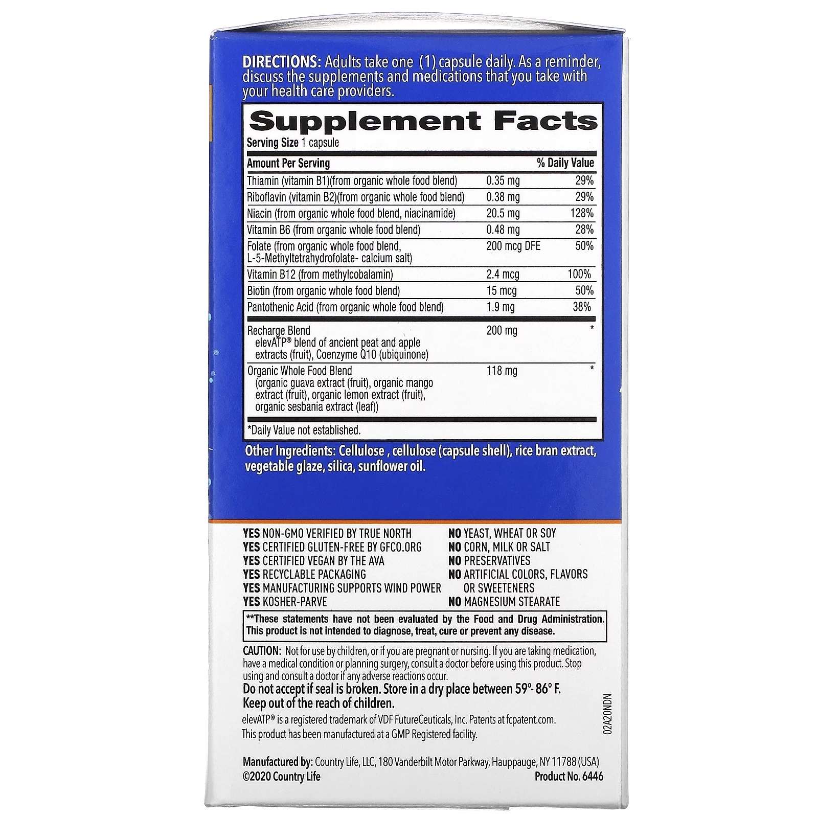 Whole Food B-Vitamin, Cellular Recharge, 30 Vegan Capsules, Country Life