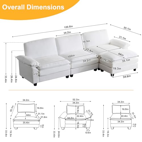 Karl home Sectional Sofa Modular Deep Seat Sofa Couch with Ottoman, Corduroy Sofa Sleeper Comfy Upholstered Furniture for Living Room, Apartment, Studio, Office, (3-Seat & 1-Ottoman, White)