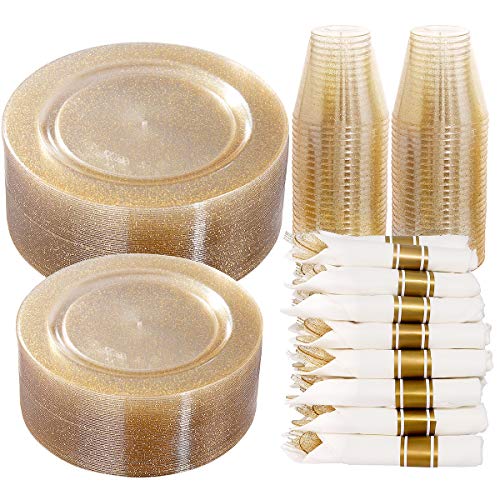 DaYammi 350 Pieces Gold Glitter Dinnerware Set 50 Guest for Party Thanksgiving Plates Disposable - 50 Dinner Plates, 50 Dessert Platos -50 Per Rolled Napkins with Gold Cutlery -50 Disposable Cups 9 OZ