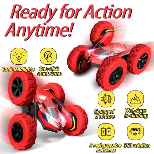 Threeking RC Stunt Car Remote Control Cars with Lights Double-Sided Driving Indoor Outdoor Toys Gifts Presents for 6 7 8 9 10 11 12 Year Old Kids Boys Girls