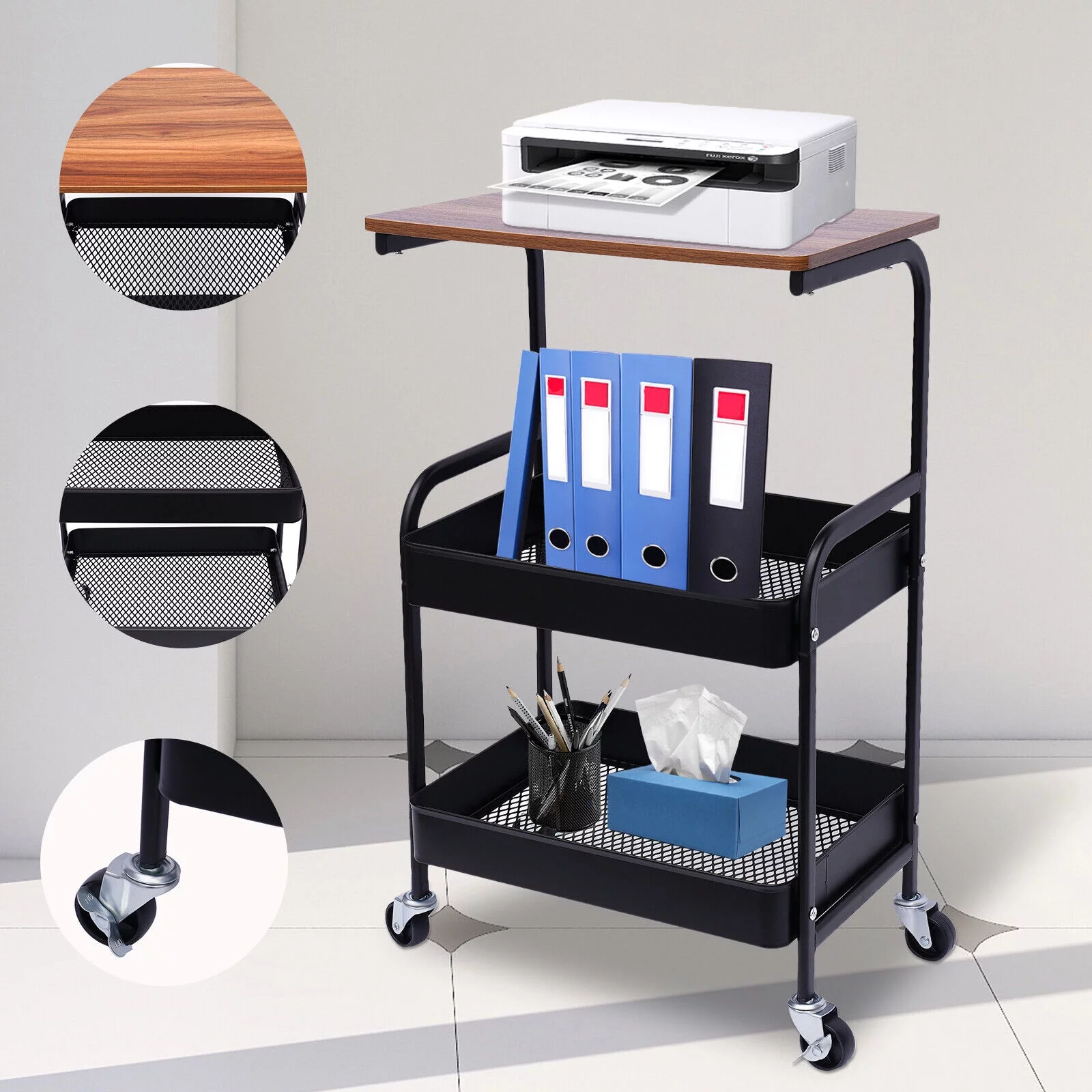 FETCOI 3 Tier Small Mobile Laptop Printer Cart Rolling Computer Stand for Small Space
