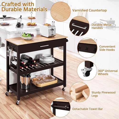 Yaheetech Kitchen Island Cart on Wheels with Bamboo Tabletop, 3-Tier Rolling Kitchen Island Microwave Cart with Drawer, Detachable Towel, 3 Hooks, 17