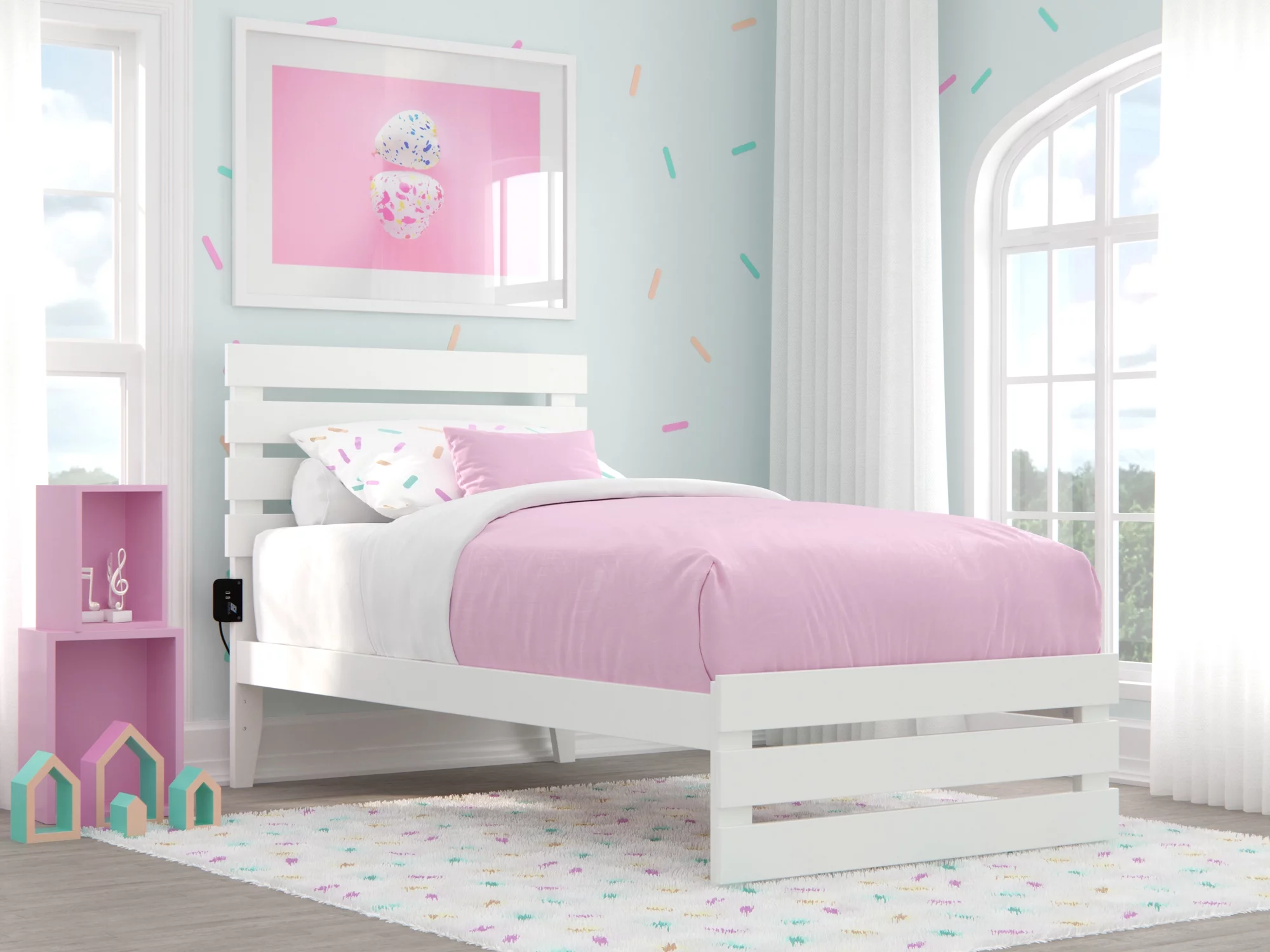 Oxford Twin Bed with Footboard in White with USB Turbo Charger